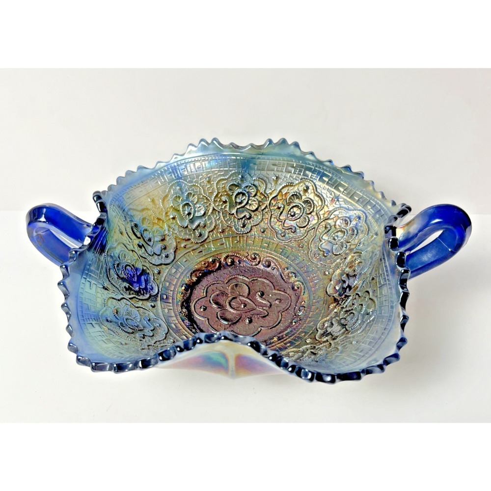 Antique Fenton Persian Medallion Carnival Blue Glass Bonbon Dish